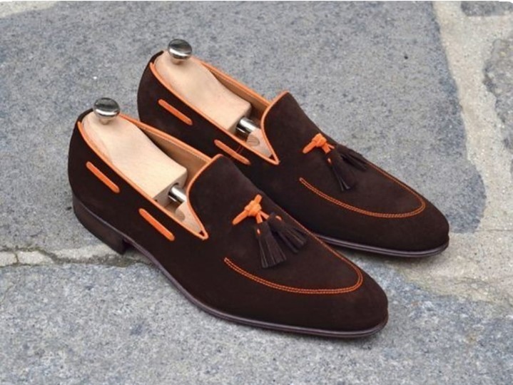 Men Brown Suede Leather Spectator Tassel Loafer Slip Ons Patent Handmade Shoes