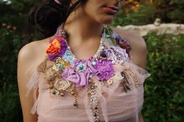 Large colorful lace necklace, pink beaded tulle neckpiece, handmade vict... - $177.00
