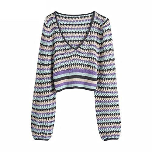 Color Matching Hollow Out Crochet Knitting Sweater Ladies V Neck Casual Slim Cro