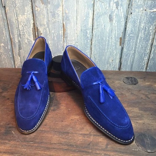 Made To Order Men's Blue Suede Loafer Tassels Slips On Real Leather