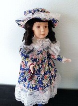 16&quot; PORCELAIN FOWER PRINT GAL w/Stand. Brunette Curls- Brown Eyes   VGC   - $9.85