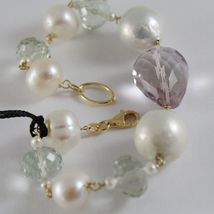 18K YELLOW GOLD BRACELET WITH BIG WHITE PEARLS AMETHYST PRASIOLITE MADE IN ITALY image 3