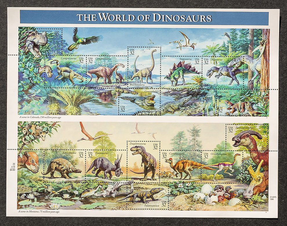 The World of Dinosaurs, Sheet of 32 cent stamps, 15 stamps total Sheets