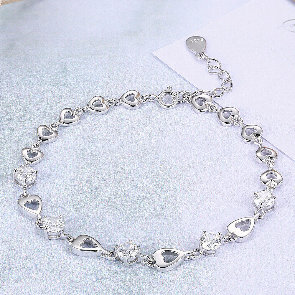 925 Sterling Silver Love Unique Heart charm Bracelet  7.5