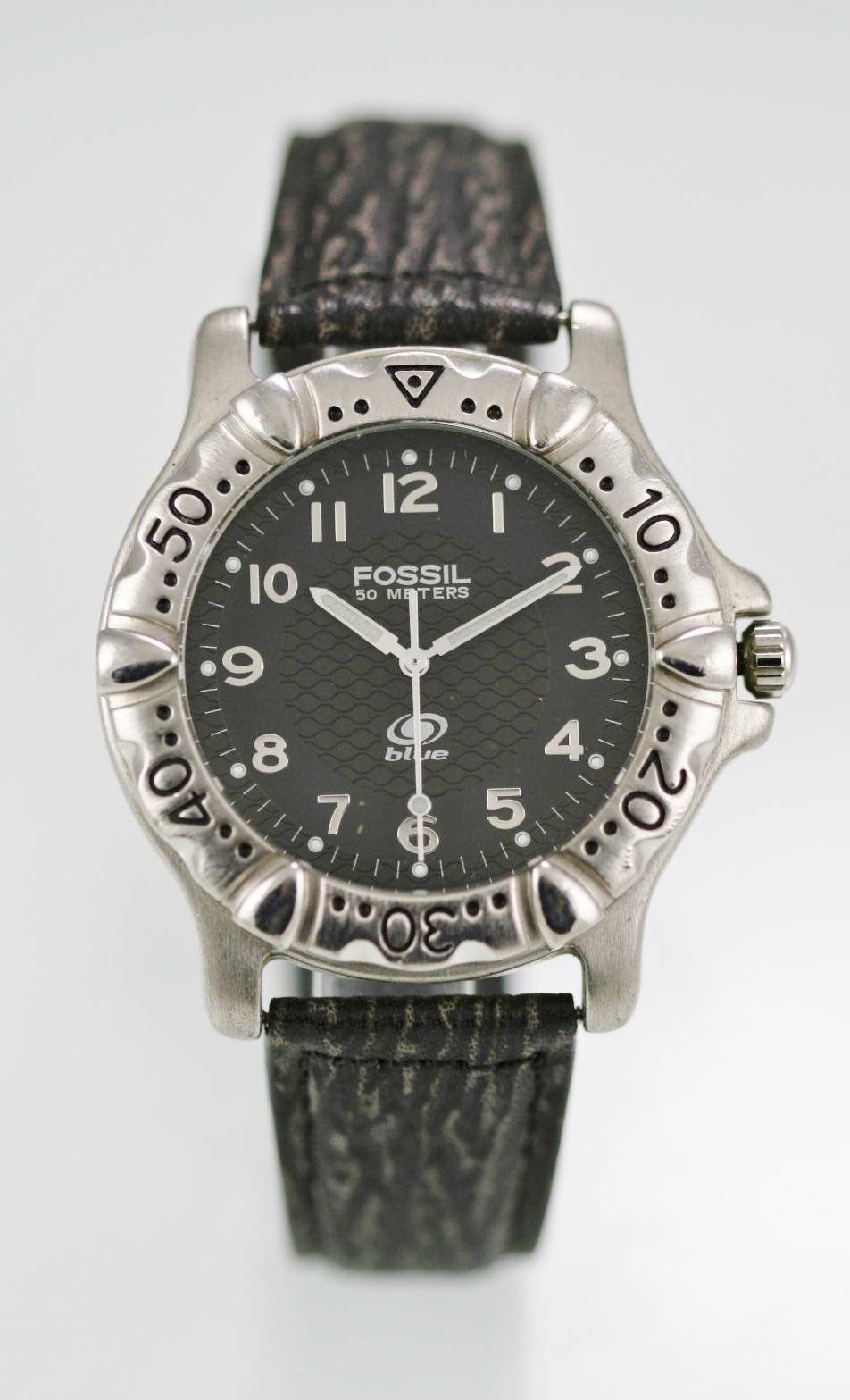 fossil black and silver watch