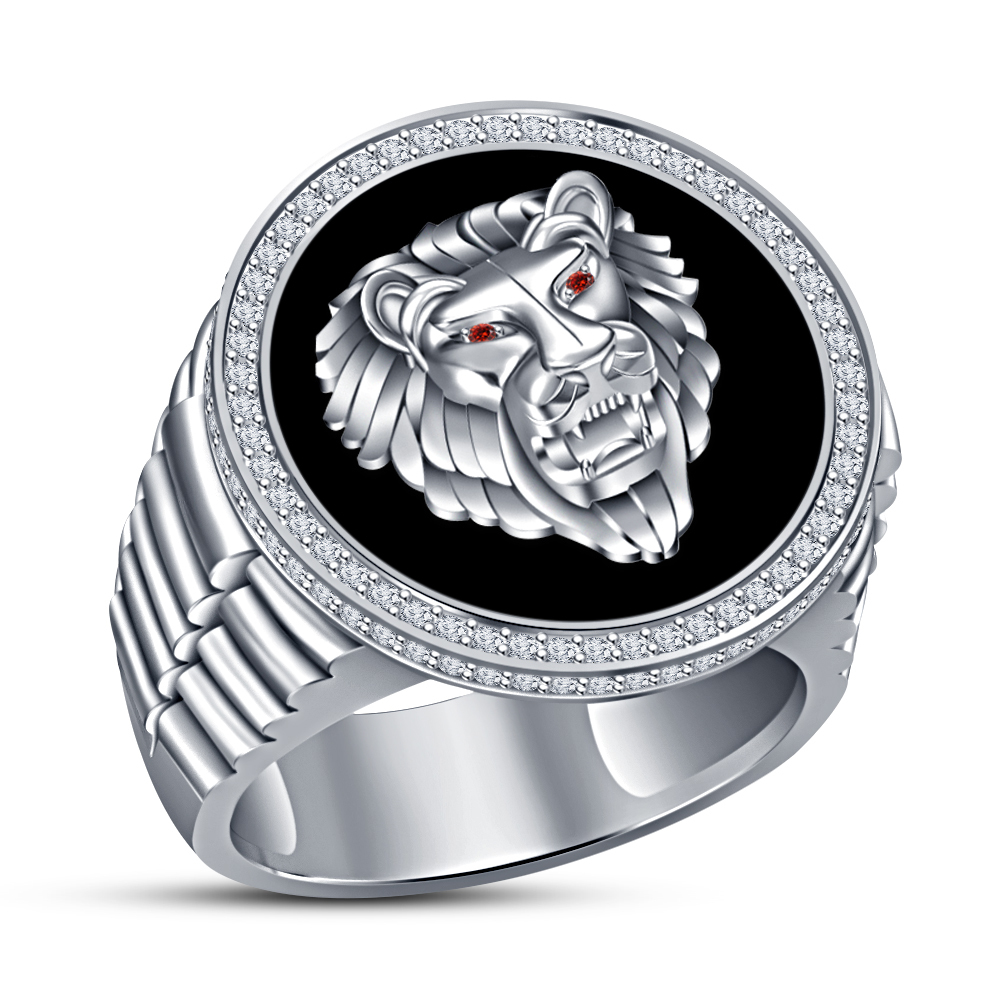 Mens 14K White Gold Fn Round Cut Diamond Lion Head Hip Hop Pinky