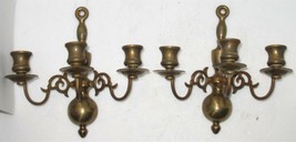 2 (1 Pair) Vtg Ornate Solid Brass 3-Candle Holders Candlesticks Wall Sco... - $53.46
