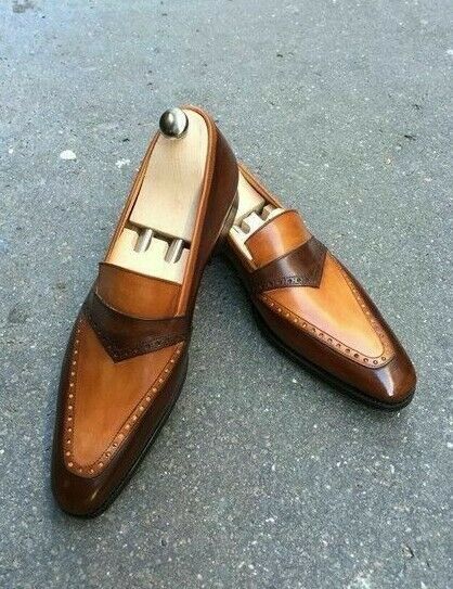 Men's Handmade Pure Leather Two Tone Formal Loafers, Men Spectator Dress Shoes.