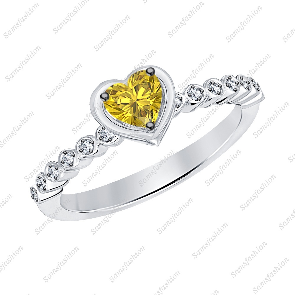 Women's Heart Yellow Sapphire & Dia 14k White Gold Over 925 Engagement Band Ring