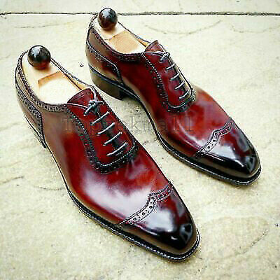 Handmade Men's Leather Oxfords Maroon Burnished Dress Wing Tip Party Shoes-274