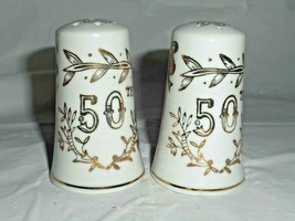 LEFTON 50TH Anniversary Salt Pepper Shaker Set JAPAN 1955 Porcelain Whit... - $21.77