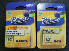 3pc Brother P-Touch M-Tape 1/2 in 2 Black on WHITE M-231-1 Black on Clear M-131 - $20.00