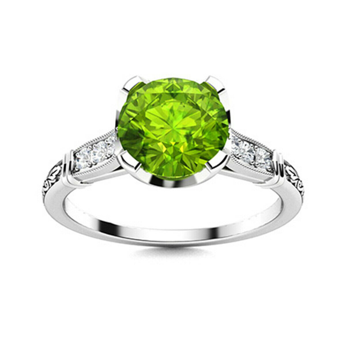 0.75 Ctw Round Peridot 10K White Gold Side Accents Wedding Ring