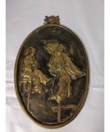 Vintage Solid Brass Oval Ornate Japanese Figure Plaque Wall Hanging 8&quot; x... - $34.00