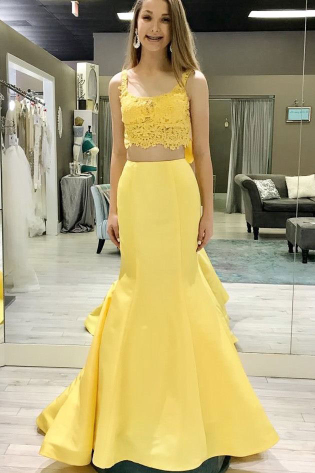 Mermaid Yellow Prom Dresses Evening Gowns with Appliques Specialty