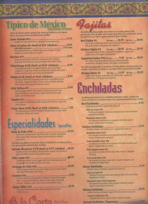 Mamacita's Mexican Restaurant Menu San Antonio Kerrville San Marcos