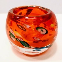 Vintage Blown Art Glass Millefiori Orange Votive Candle Holder Paperweight - $50.45