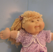 Cabbage Patch Kids 16&quot;,  baby doll  yellow yarn hair brown eyes  purple ... - $20.25
