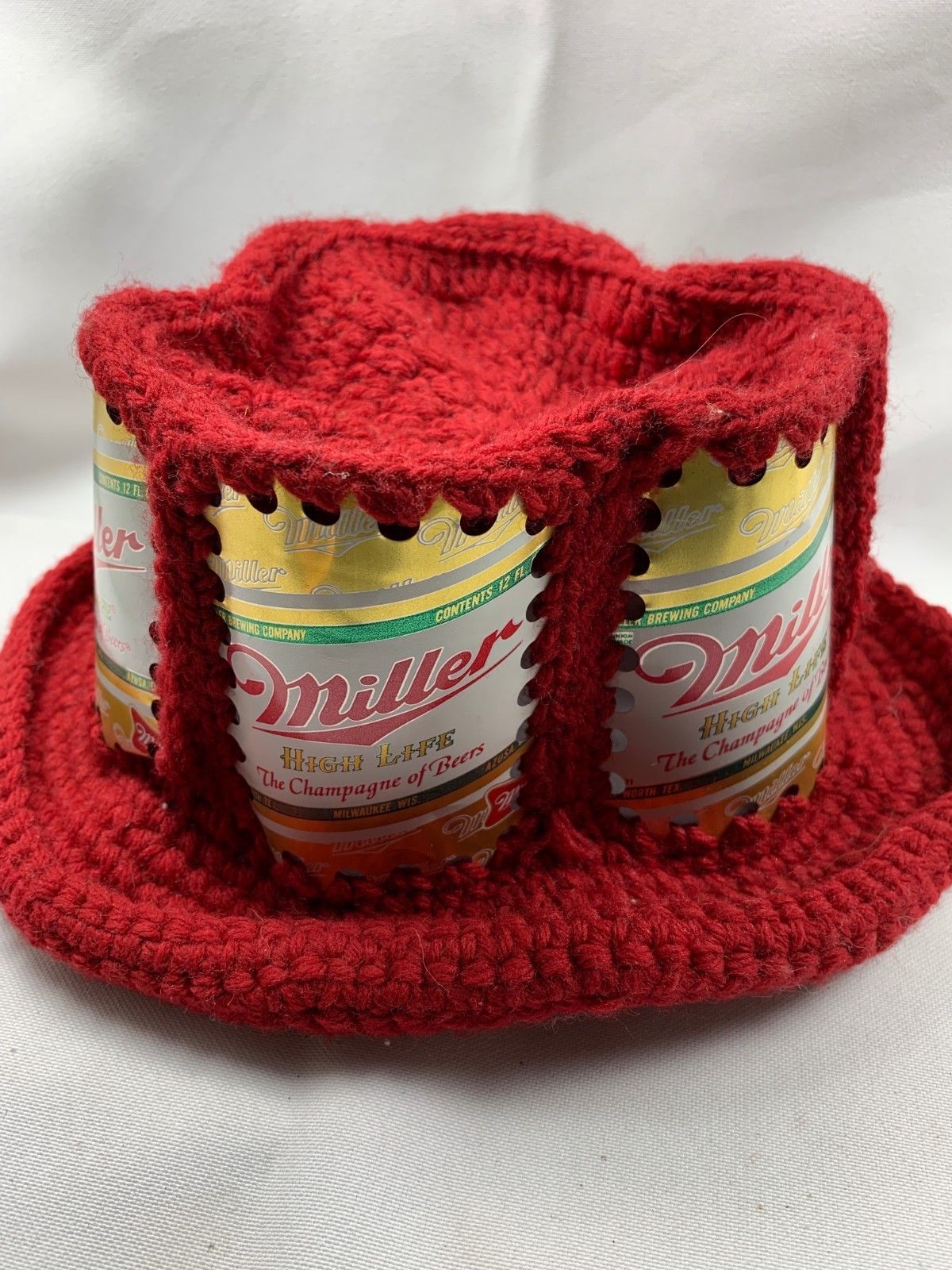 Lot of 2 Vintage Beer Can Knit Hats Budweiser Miller High Life Crochet