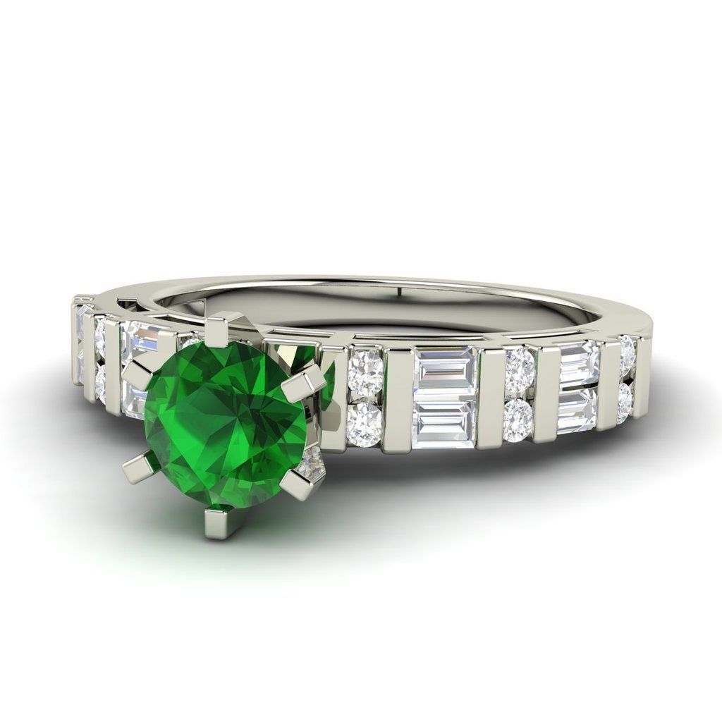 0.64 Ct Round Cut Emerald & Sim.Diamond Engagement Ring In 14k White