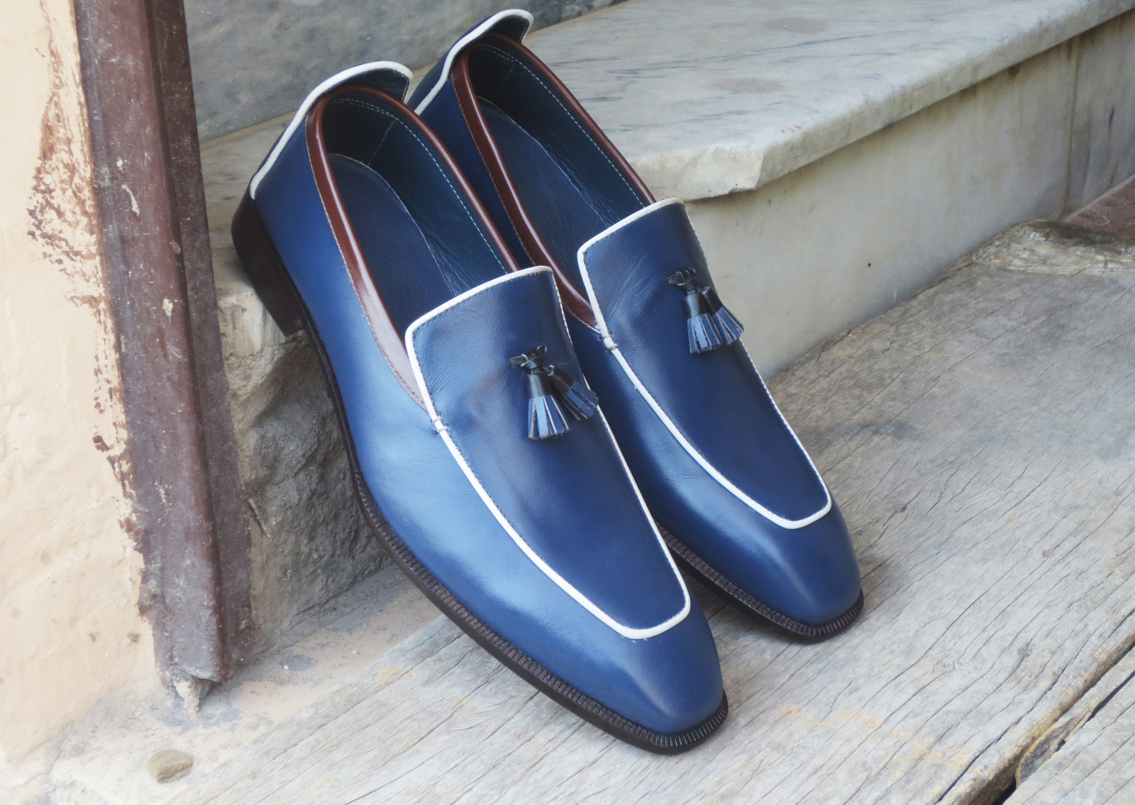 New Men Slip On Leather Formal Shoes, Tussles Loafer Blue Business Handmade 2019
