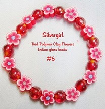 Red polymer clay flowers red glass bead bracelet stretch thumb200