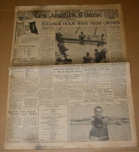 Primary image for Eleanor Holm Olympics 1932 Newspaper LA Times August 12 Vintage