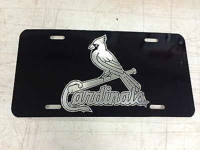 St. Louis Cardinals Logo Car Tag Diamond Etched on Black Aluminum License Plate