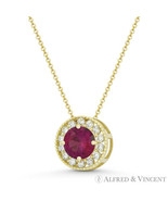 Faux Ruby Red &amp; Clear Round CZ Crystal Halo 14k Yellow Gold 9mm Slider P... - $98.51+