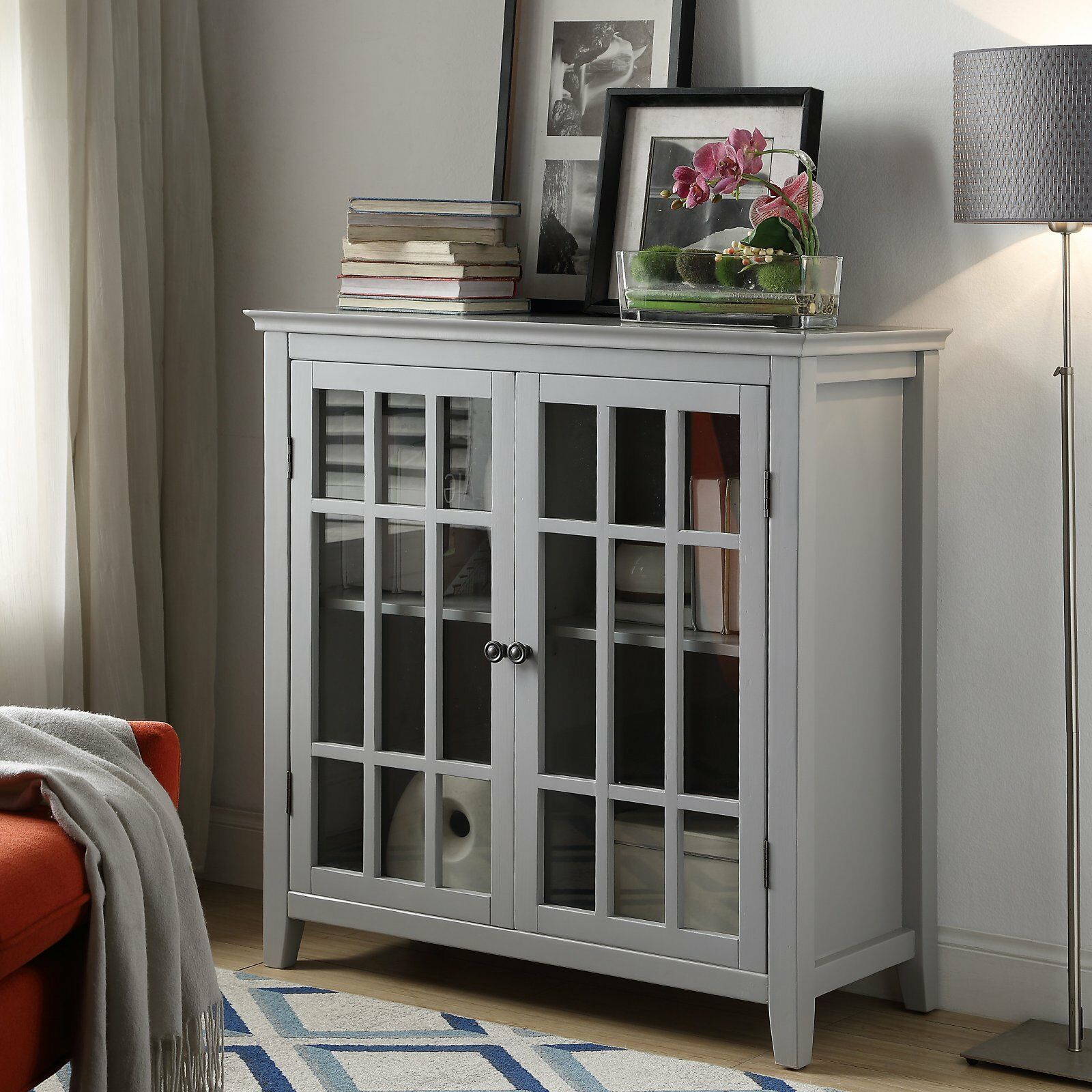 Modern Gray Contemporary Storage Console Accent Chest Glass Door & Cupboards