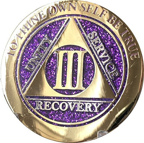 3 Year AA Medallion Elegant Purple Glitter Gold Plated Sobriety Chip
