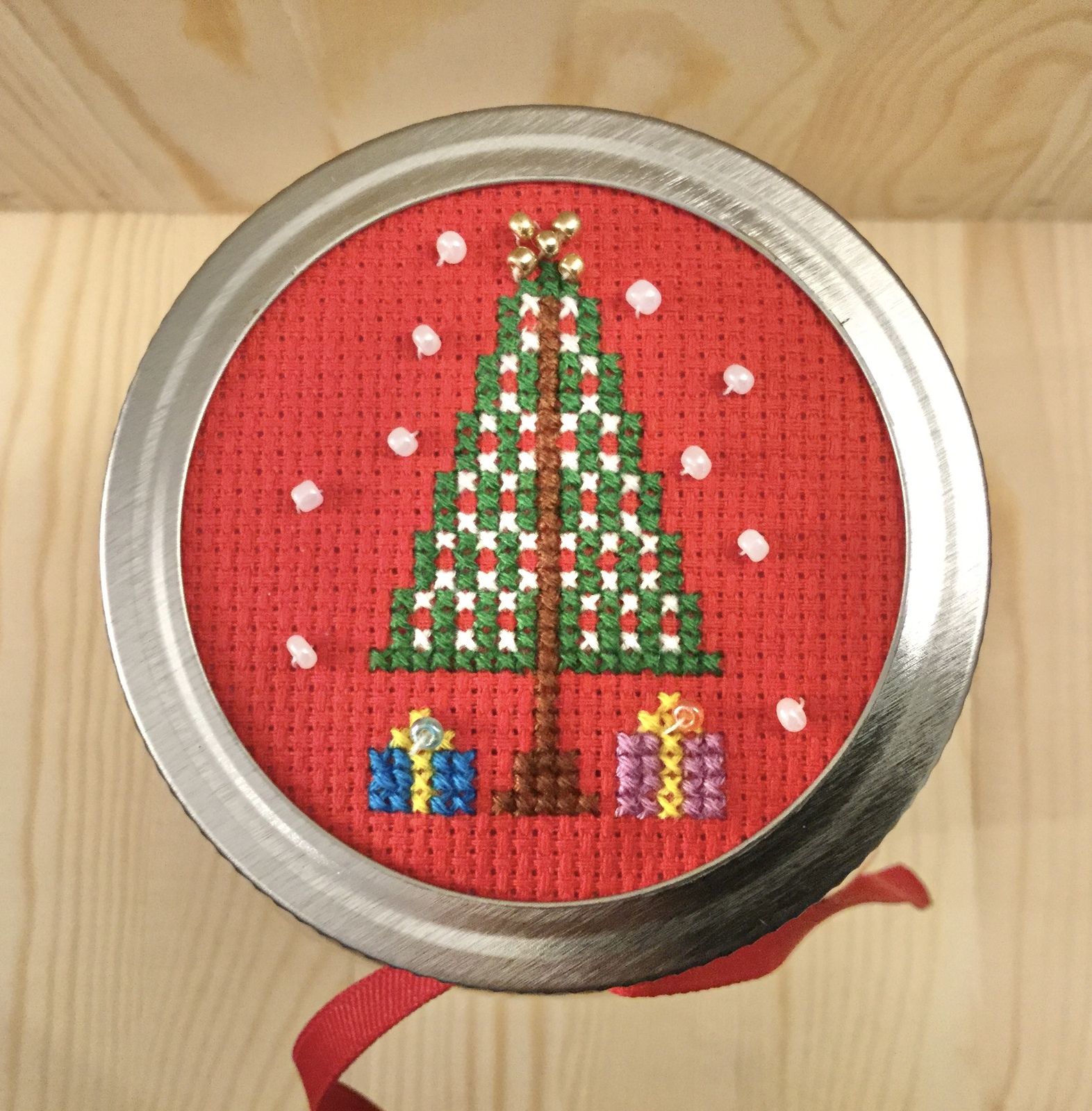 Holiday tree a crossstitch mason jar lid with the jar Cross Stitch