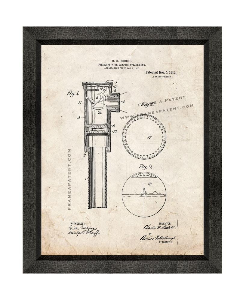 Periscope With Compass Attachment Patent Print Old Look with Beveled Wood Frame