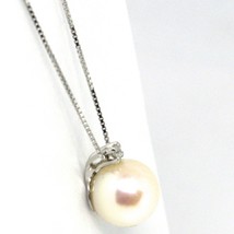 18K WHITE GOLD NECKLACE AKOYA PEARL 8.5 MM AND DIAMOND, PENDANT & VENETIAN CHAIN image 2