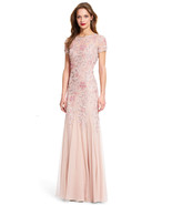 Adrianna Papell Blush Beaded Godet Gown with Sheer short Sleeve   Petite... - $272.25