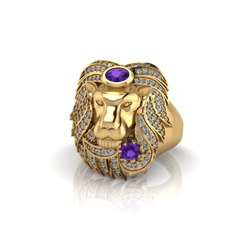 Jungle King Lion Ring Round And Oval Cut Purple Amethyst Wedding Ring For Mens