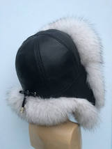 Fox Fur Ushanka Hat with Leather Saga Furs Natural White Fox Fur Trapper Hat image 4