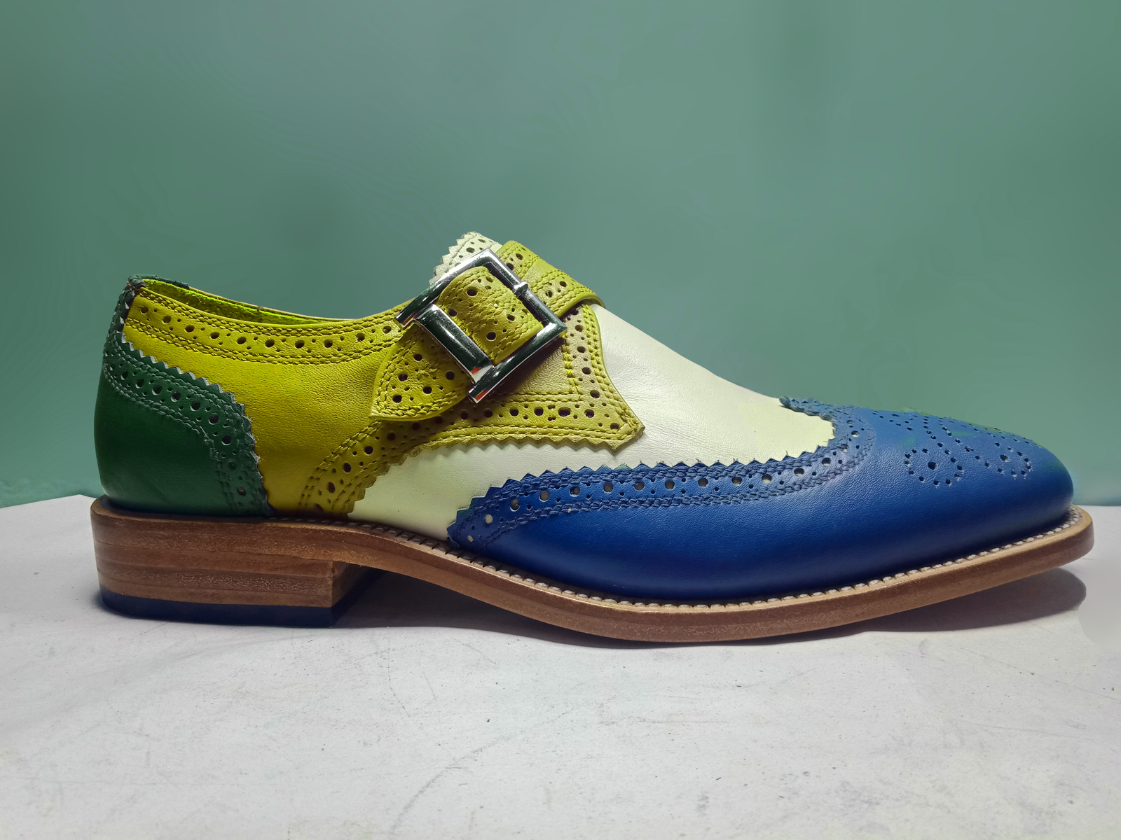 Handmade Multi color Monk Shoe, Men Yellow Blue White Green Brogue Leather Shoes