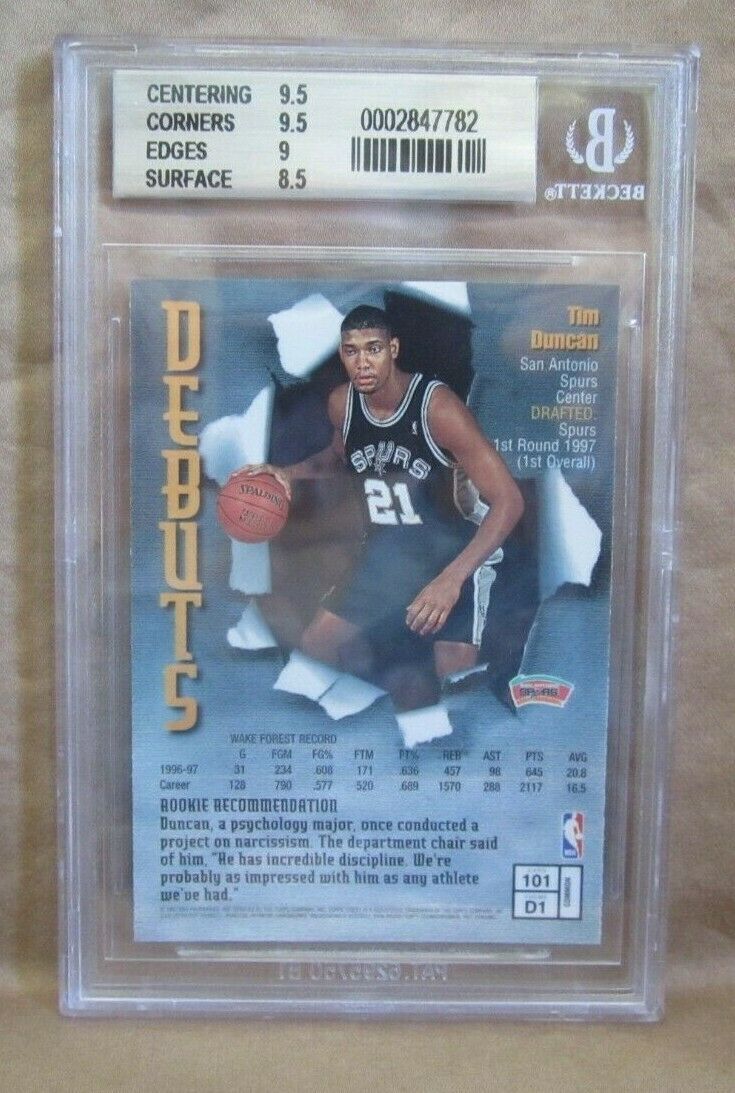 Tim Duncan RC 1997-98 Topps Finest Rookie Card#101 BGS9!Spurs RC F GOAT ...