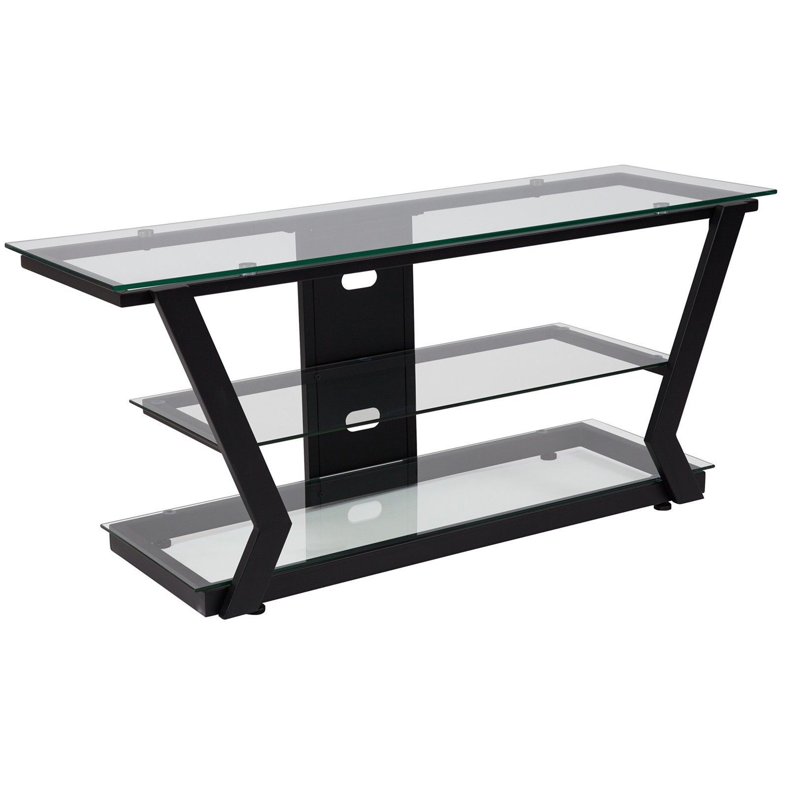 Luxurious Clear Tempered Glass Surface TV Stand w/ Black Durable Metal