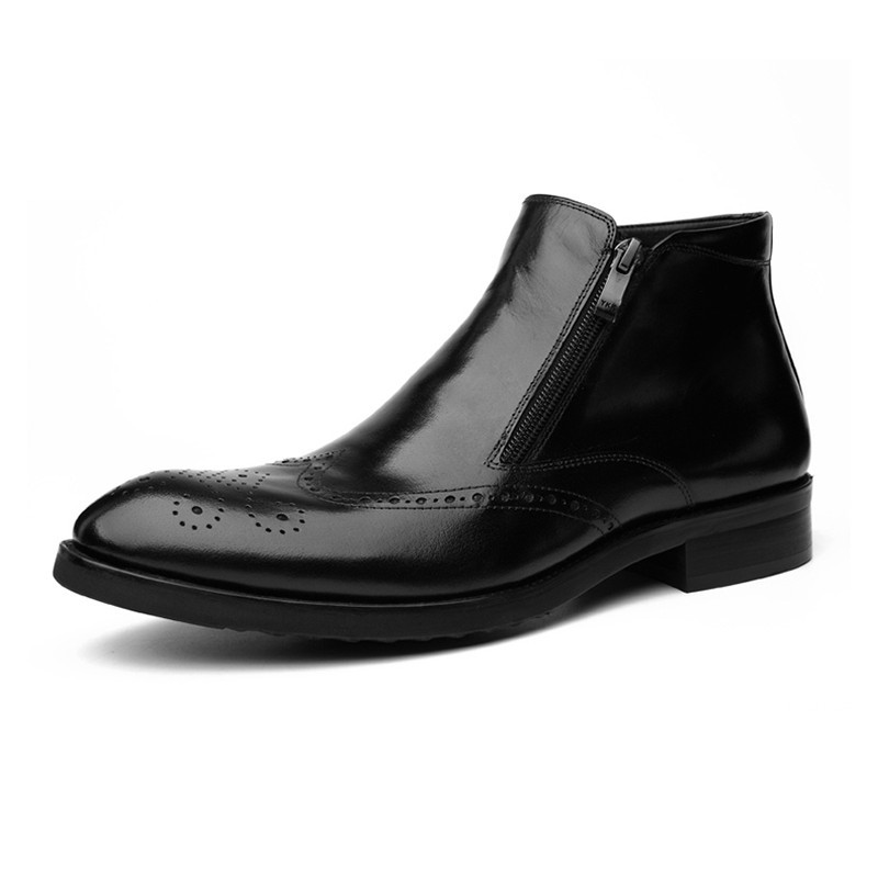Men's Black Genuine Leather High Ankle Wing Tip Brogue Toe Handmade Zipper Boots