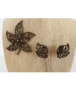 Vtg Avon gold tone amber &amp; green rhinestone leaf brooch &amp; clip on earrngsi - $19.99