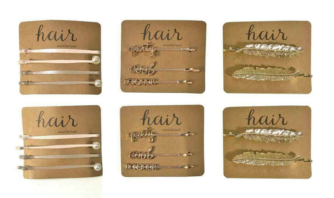 18 Pcs Assorted Scunci Stylish Hair Bobby Pins Clips Gold Feather Pearls Words