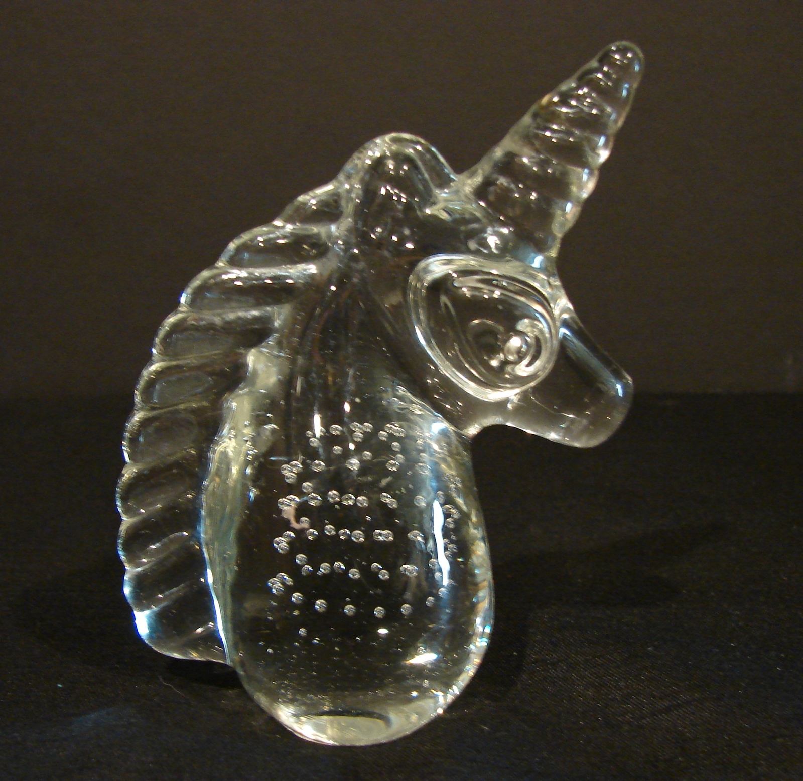 Art Glass Unicorn Head Paperweight with Controlled Bubbles Clear