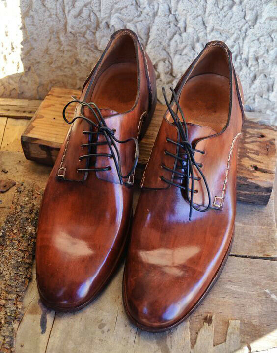 Handmade New Shiny Brown Color Rounded Derby Toe Genuine Leather Laceup ...