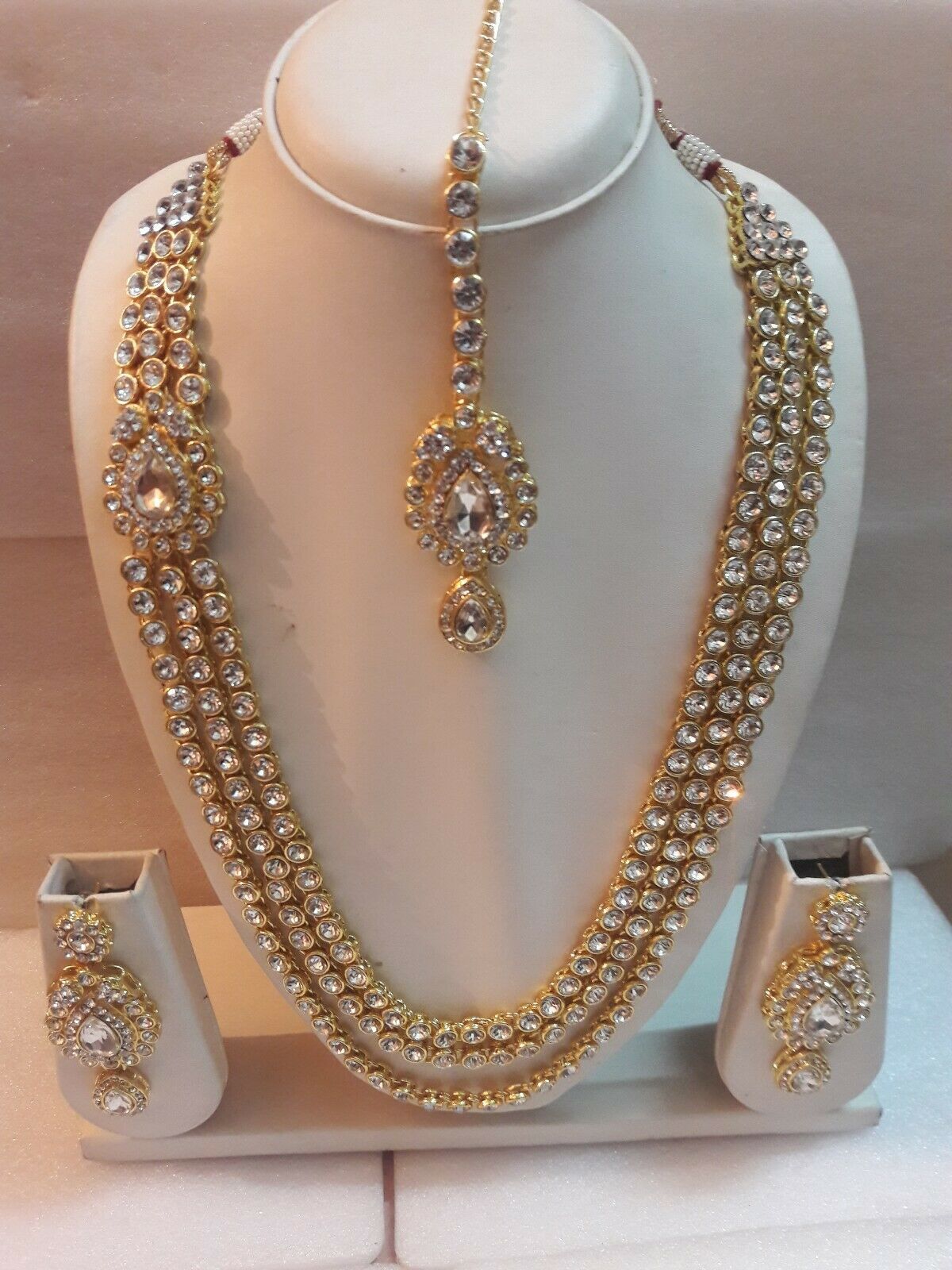 Indian Traditional Multi Strands Long Diamond Necklace Set Gold Plated