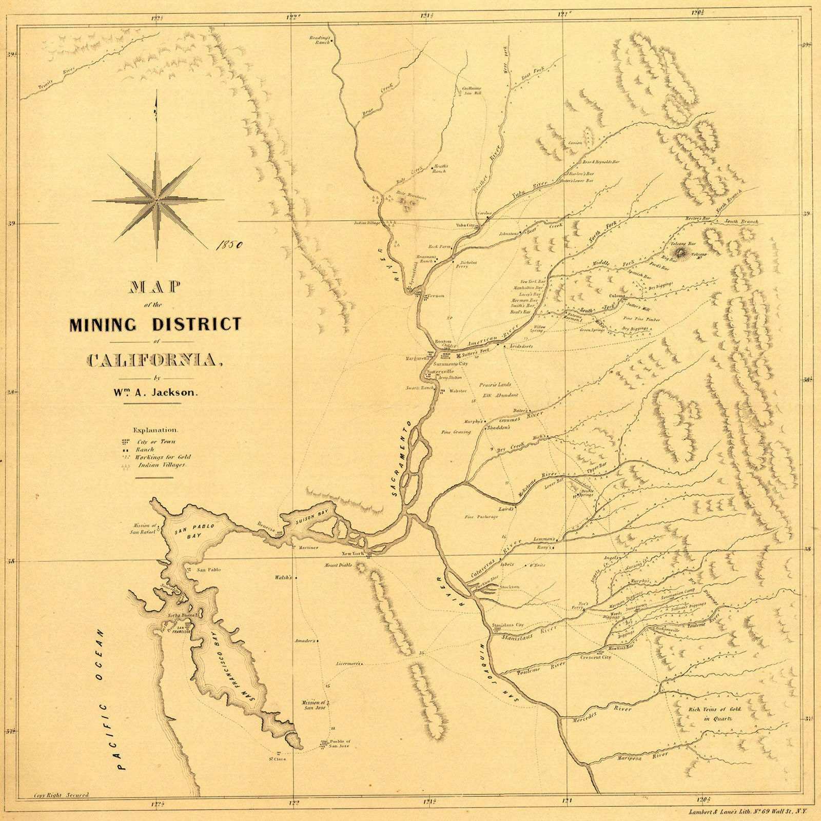 1850 Map California Gold Mining District Mines Fields Wall Poster