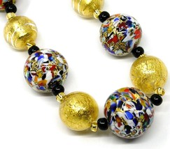 NECKLACE MACULATE MULTI COLOR MURANO GLASS BIG SPHERES, GOLD LEAF, ITALY MADE image 2