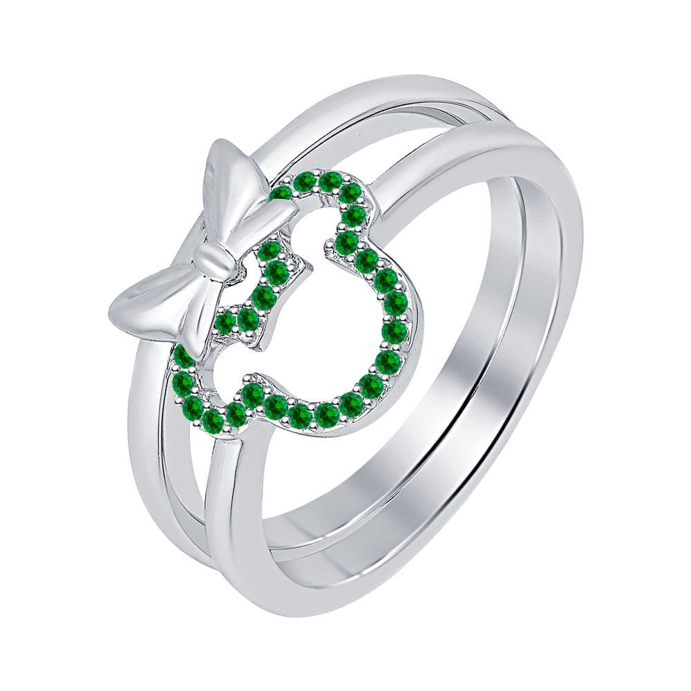 0.20 ct Round Cut Emerald 14K White Gold Over 925 Silver Mickey Mouse Ring