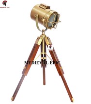 Medieval Epic Small Wood/Brass Tripod Lamp Industrial Searchlight